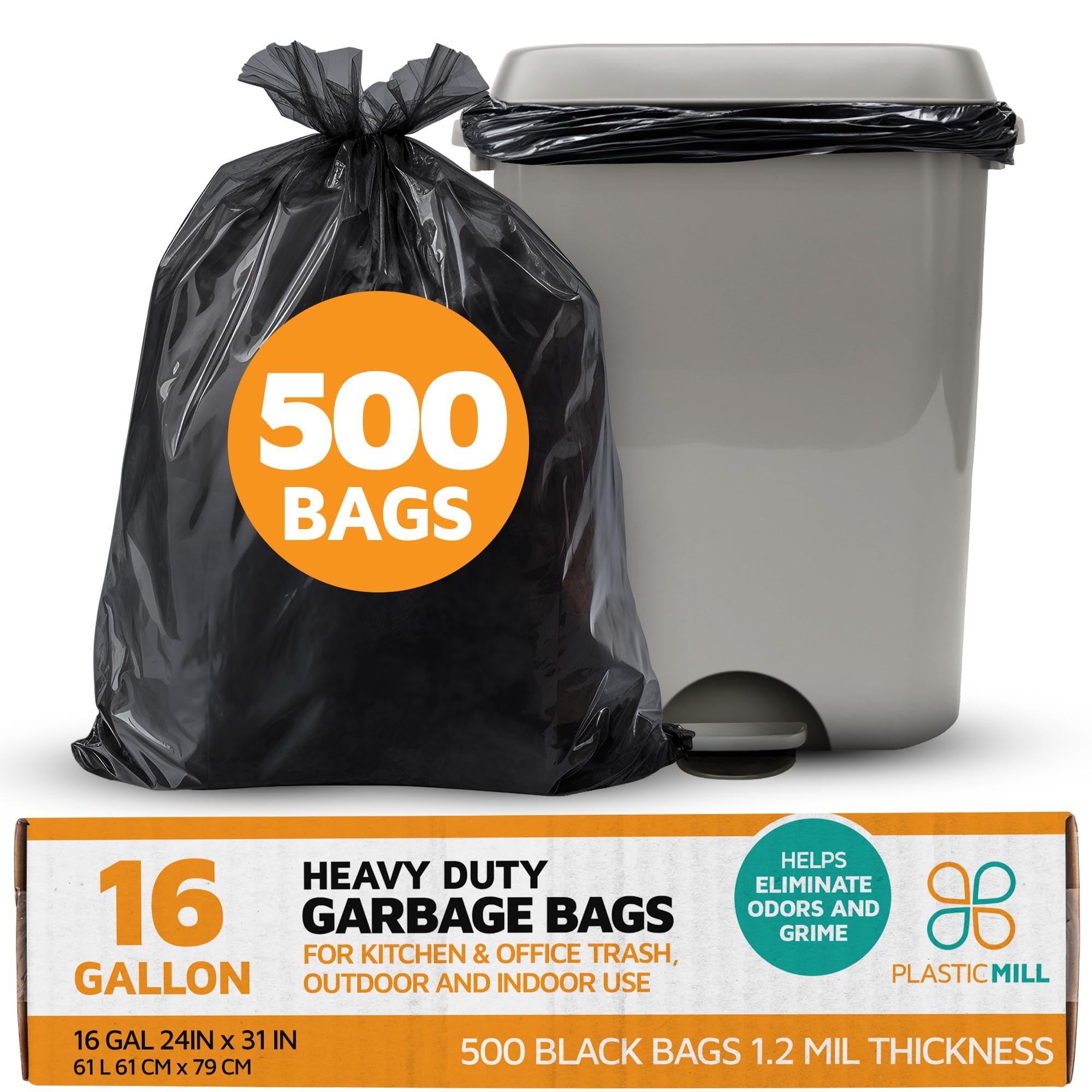 PlasticMill Heavy Duty Trash Bags - Black Garbage Bags - Plastic Trash Bags - Kitchen, Bathroom, Office Garbage Bags, Trash Can Liners - 12-16 Gallon, 1.2 Mil, 24"x31" (500-Count)