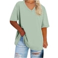 thumbnail image 1 of Moxiu Plus Size Casual Loose Fit V Neck Tees Women's Summer Short Sleeve Solid Color Oversized Basic Tunic Tops Beige,XL, 1 of 4