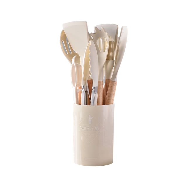 Kitchen Tools Silicone Cooking Utensils Set for Kitchen, 12-piece set featuring heat-resistant silicone heads and natural wooden handles. Includes a serving spoon, slotted spoon, soup ladle, slotted turner, spaghetti server, spatula, and more. The utensils are stored in a round khaki-colored barrel with a modern design. Safe for non-stick cookware, heat-resistant up to 446°F, and easy to clean. Ideal for various cooking tasks such as stirring, frying, and serving.