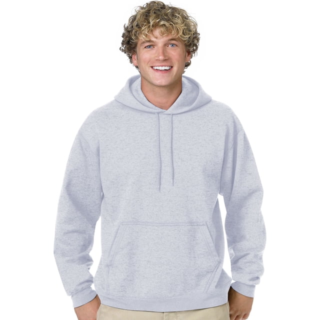 Hanes Men's ComfortBlend EcoSmart Pullover Hoodie Sweatshirt in size S and light steel color. Made from a 7.8 oz, 50% cotton and 50% polyester low-pill fleece with up to 5% recycled polyester from plastic bottles. Features a patented PrintPro XP fabric, a large front pouch pocket, and dyed-to-match drawcord. Ideal for casual wear.