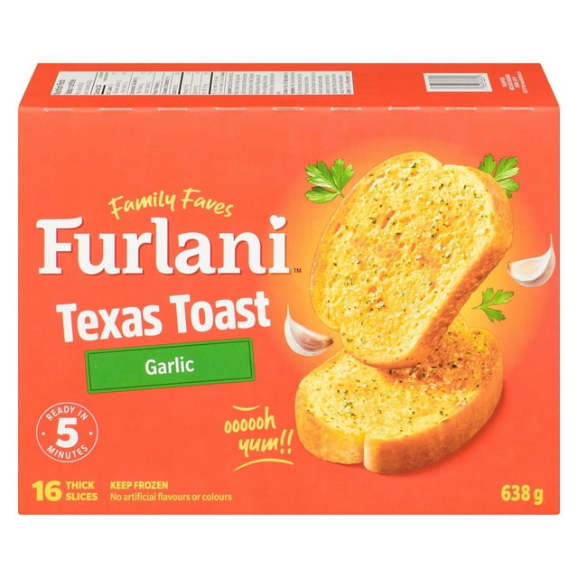 FURLANI Texas Garlic Toast box with 16 thick slices of crusty bread coated on both sides with garlic margarine and Italian spices, weighing 638 g, ready in 5 minutes, suitable as frozen bread for quick garlic toast meals.