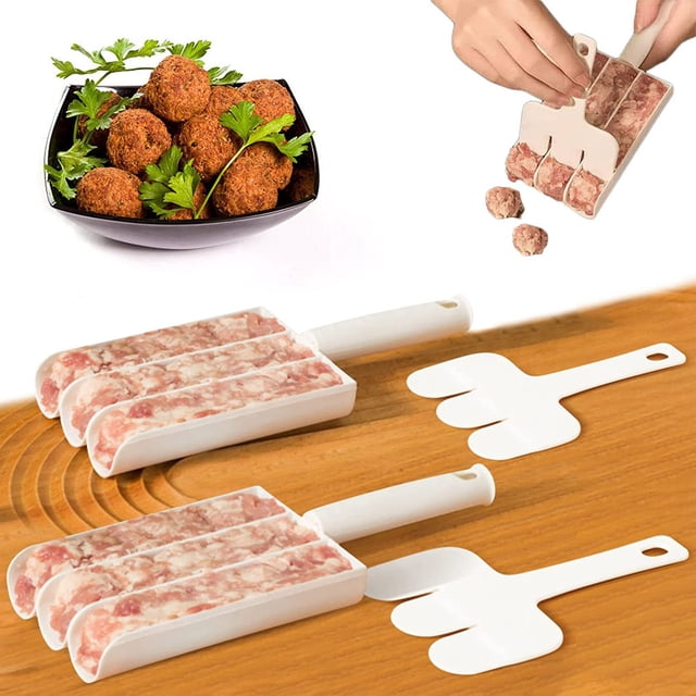 Oleegame 1PC Potato Fry Cutter 2023 Triple Meatball Maker Meat Spoon With Cutting Spatula Easy To Use Multifunctional Fishball Burger Set (3 Meatballs) White