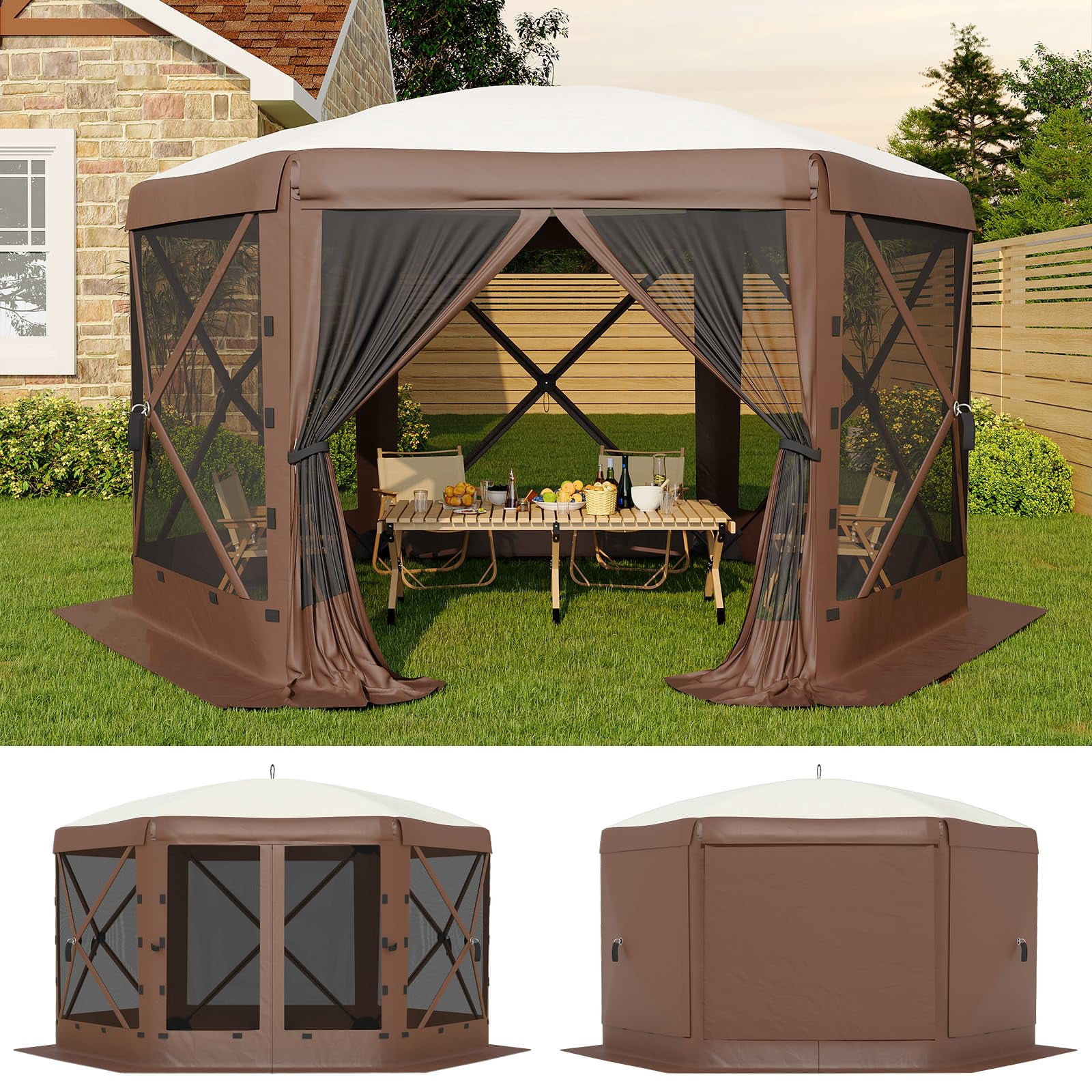 13x13 ft Screen Tent with 6 Wind Panels – Instant Setup Outdoor Canopy – Wind & Rain Resistant Shelter with Full Mesh Walls – Perfect for Camping, Backyard, Garden –Khaki