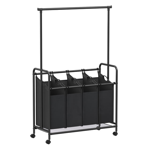 SONGMICS Trieur de Lessive à 4 Sections en Noir avec Conception de Chariot Roulant et Barre Suspendue. Comprend Quatre Sacs en Tissu polyester 600D Amovibles avec Poignées en Métal pour un Tri et un transport Faciles. le Cadre en Acier Enduit de Poudre Mesure 42,5 Pouces de long, 17,3 Pouces de Large et 67,7 Pouces de Haut, avec une Capacité de Charge Totale de 88 Lb. Comprend des Roulettes Verrouillables pour la Stabilité et la Mobilité, le Rendant Idéal pour Organiser la Lessive dans les Chambres Ou les Buanderies.