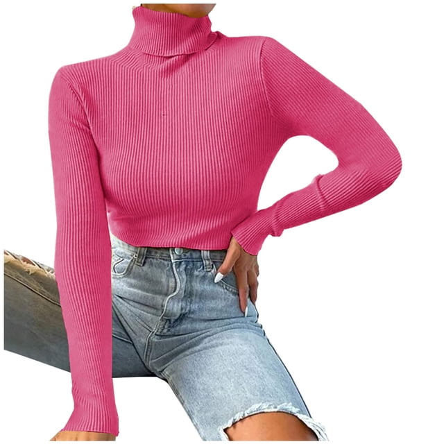 RKSTN Chandails pour Femmes Mode Automne Hiver Couleur Unie Manches Longues Chandails Chandail Col Roulé Décontracté Ajusté Côtelé Tricoté Hauts
