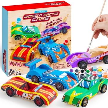 Joyfy 4 Piece Wooden Race Car Building & Painting Art Kit for Kids,Birthday Gift for Boys Ages 6+