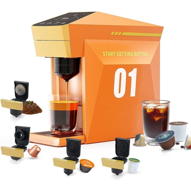 4 in1 Single Serve Coffee Maker, 19 Bar Espresso Maker Coffee Machine For KCup/Nespresso OriginalLine Capsules/Dolce Gusto/Ground Coffee, Vibrant Orange