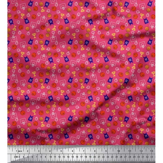Soimoi Georgette Viscose Fabric Trophy,Timer Clock & Basketball Sports Printed Craft Fabric by The Yard 42 Inch Wide