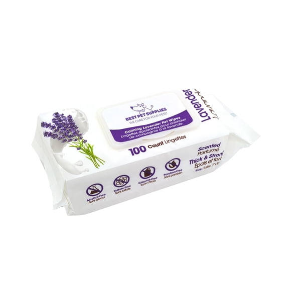 Best Pet Supplies Pet Grooming Wipes For Dogs & Cats, 100 Pack, Plant-Based Deodorizer for Coats & Dry, Itchy, or Sensitive Skin, Clean Ears, Paws, Body, & Butt - Calming Lavender