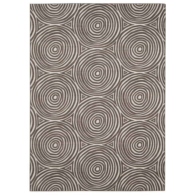 Outdoor Washable Ocoee Ivory & Brown 3' x 5' Accent Rug with flat pile featuring brown concentric circles on an ivory background, UV fade resistant and non-slip backing, designed for indoor and outdoor use with machine washable and quick-dry materials.