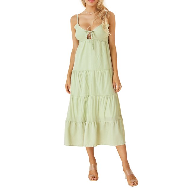 Kmbangi Robe Midi Cami d'Été pour Femmes Couleur Unie Bretelles Spaghetti Dos Nu Tie-Up Partie Beach A-line Robe