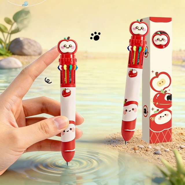 EGNMCR Stylo-Bille Personnalisé Pommes Rouges Chats Noirs 10 Couleurs Stylos Colorés à Séchage Rapide pour Étudiants Stylos-Billes Élégants et Multifonctions Stylo-Bille Multicolore en Plastique 10 ml