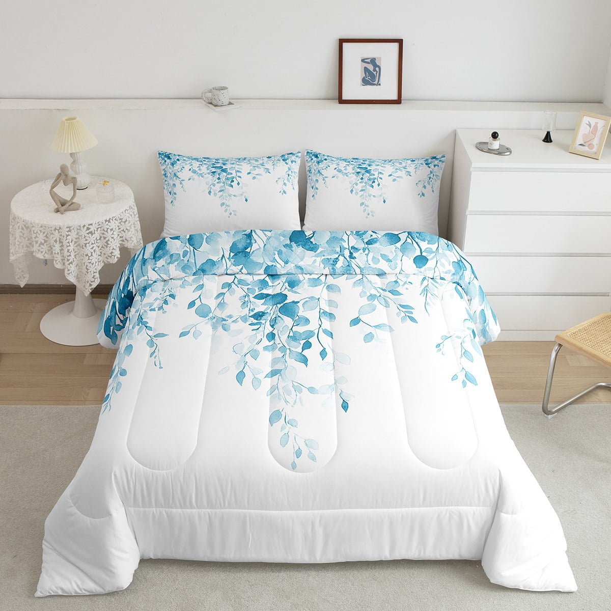Erosebridal Cartoon Leaf Bedding Sets Queen with Comforter, Rustic Botanical Duvet Insert, Eucalyptus Leaves Decor, Breathable