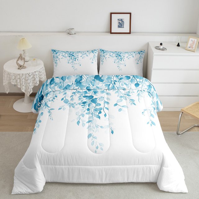 Erosebridal Cartoon Leaf Bedding King Comforter Set, Rustic Botanical Down Comforter, Eucalyptus Leaves Decor, Breathable