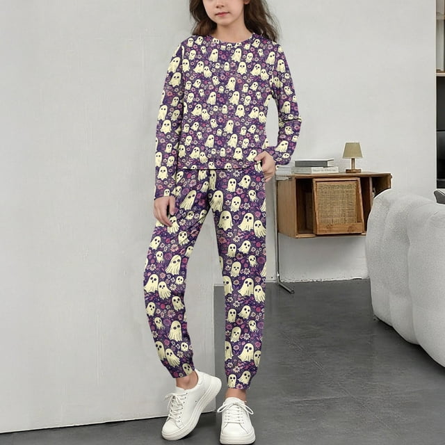 MKOSPLRT Pyjamas d'Halloween pour Enfants 3-15 Ans Chandails à Manches Longues Bas Resserré Pjs Joggers Mignons Imprimé Citrouille Fantômes Vêtements de Nuit Vêtements de Détente pour Fille Garçon