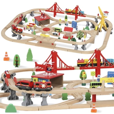 Qaba 133 Pcs Wooden Train Set, Toy Train Set with Track, Crane for 3+ Years