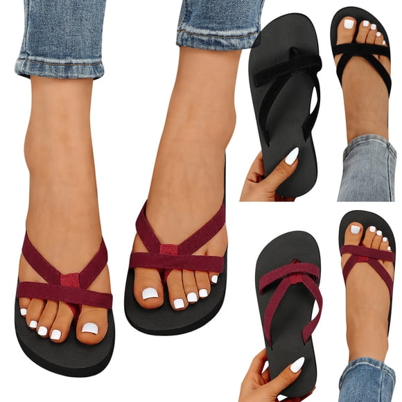 Sandals for Women Flip Flops Yoga Mat Footbed Fashion Slippers Open Toe Summer Casual Beach Comfortable Cute Shoes Red Size 9