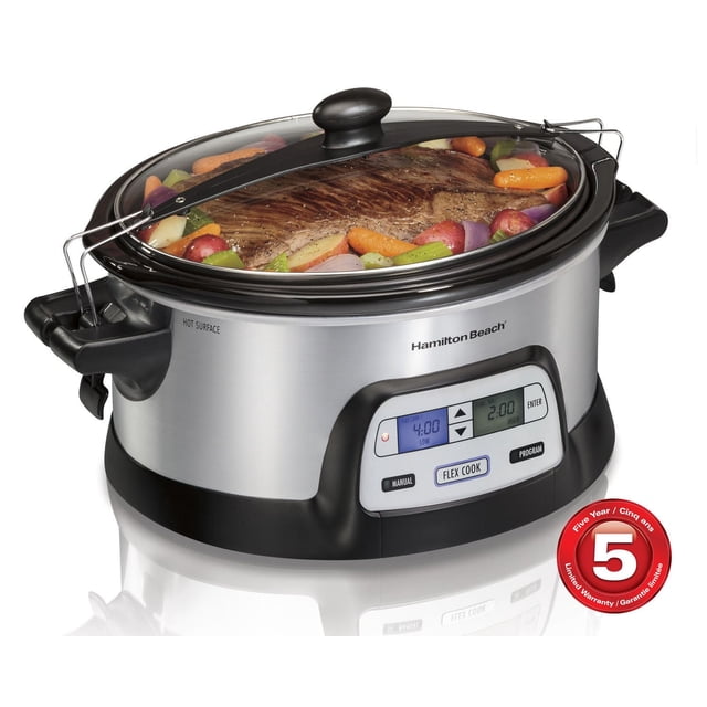 Hamilton Beach 6-Quart Programmable FlexCook™ Slow Cooker with Locking Lid, stainless steel oval cooker with black handles and base, clear locking lid showing cooked meat and vegetables, digital control panel with dual timers for flexible cooking modes.