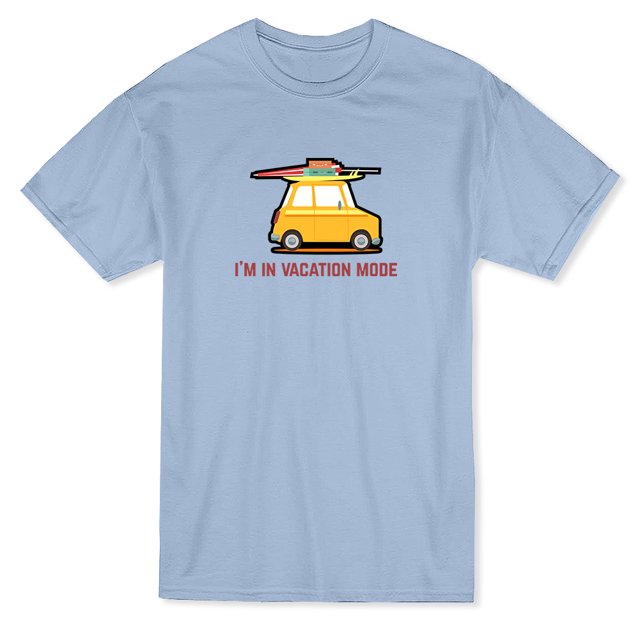 T-shirt Bleu Pâle pour Homme avec Citation « I'm In Vacation Mode » et Graphique de Voiture de Vacances