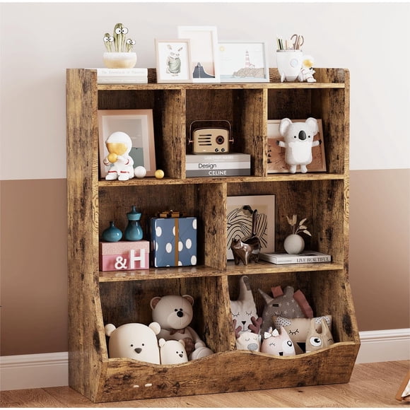 TROPOW Toy Storage Organizer,Three-Tier Kids Bookshelf and Bookcase for Storage Books and Toys,Multi Shelf with Cubby Cabinet for Boys and Girls,Playroom and Nursery,Retro