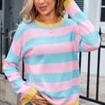 thumbnail image 4 of Chandail pour Femmes Col Rond Manches Longues Chandail Rayé Tricoté à Blocs de Couleur Hauts Chandails en Molleton pour Femmes P-166 Rose-A L, 4 of 7