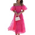 thumbnail image 4 of Faithtur Femmes Été Décontracté une Ligne Robe Courte Puff Manches sur l'Épaule Midi Plaid Robe, 4 of 7