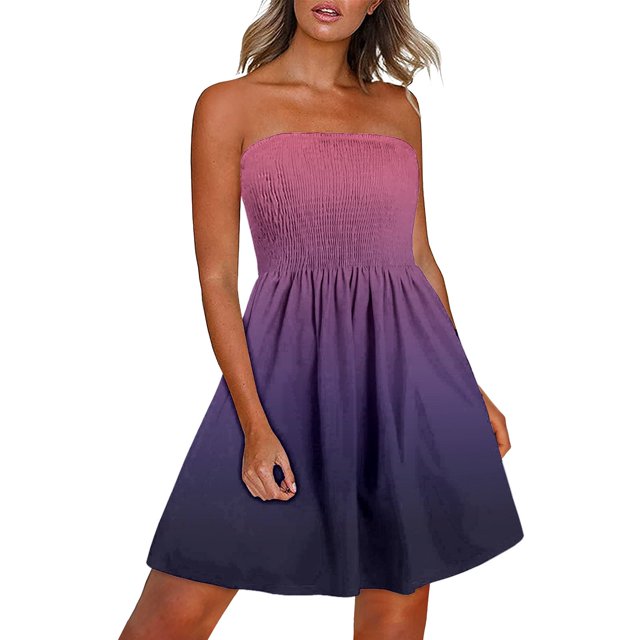 Birdeem Womens Summer Boho Style Gradient Dress Sleeveless One-Shoulder Dress