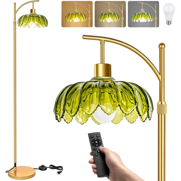 FeBohao Gold Arc Floor Lamp with Remote: Green Flower Tall Standing Lamp for Bedroom Living Room Office, Vintage Boho Mid Century Modern Dimmable Adjustable LED Floor Light for Nursery Reading