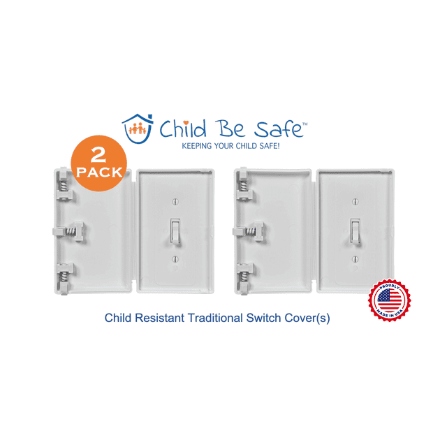 Child Be Safe (2-Pack) Child and Pet Proof Light Switch Covers in white, featuring a slim, low-profile design that securely fits over light switches to prevent access by children and pets. The covers mount directly to the wall without wiggling or popping off and require only a flat-head screwdriver for installation. Made in the USA, these safety covers are ideal for homes, medical offices, and early childhood settings.