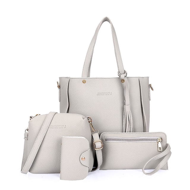 OUSITAID Women Solid Color Handbag set including a tote bag, crossbody shoulder bag, hand purse, and card holder. Crafted from durable PU material in a neutral tone, this set is designed for daily use. The tote features tassel details and gold-tone accents, while the crossbody and purse provide versatile storage.