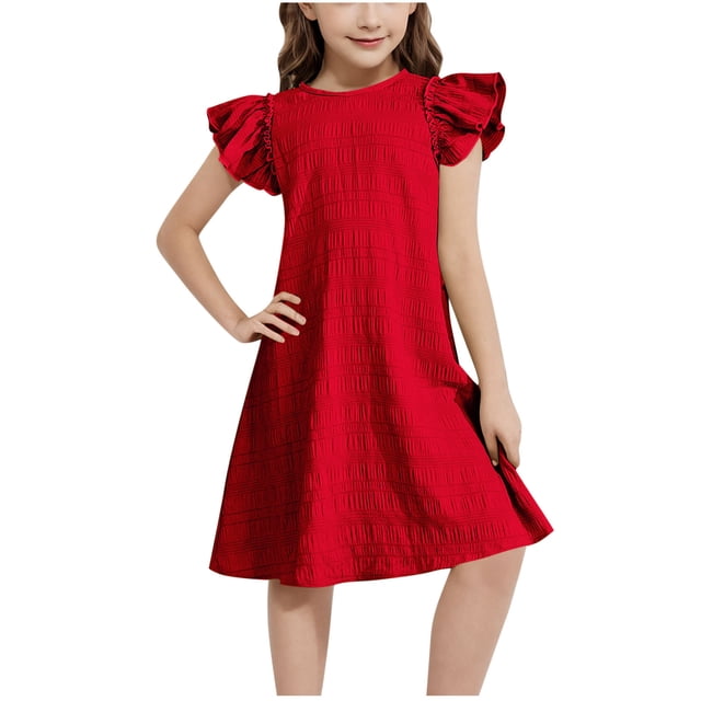Mgmyaa Girls Dress Short Sleeve Solid Color A-Line Flutter Sleeve Ruffle Swing Dress 4-15 Years