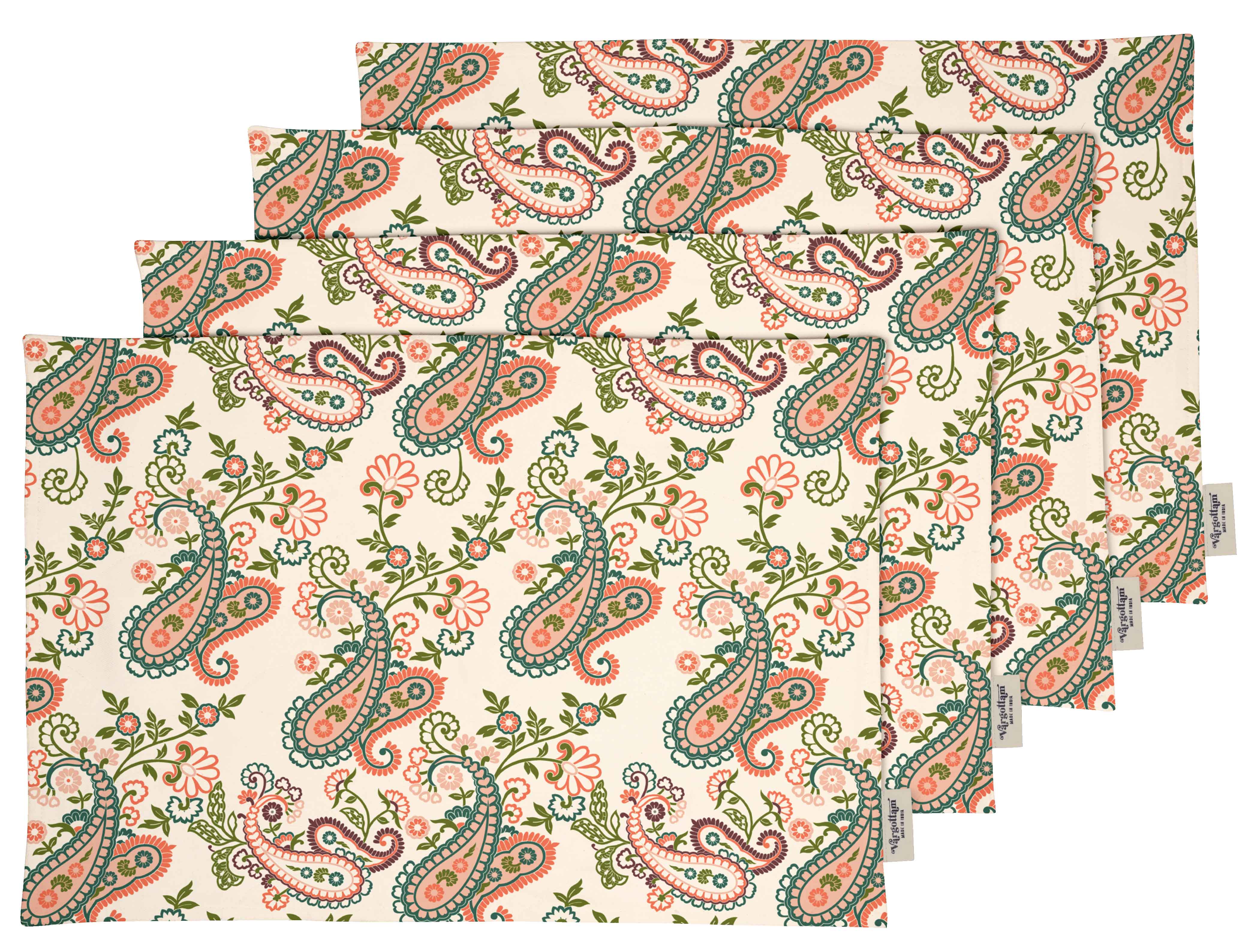Vargottam Napperons - Napperon pour Table à Manger, Ensemble de 4 - Serviette en Coton Imprimée et Réversible - Napperons d'Intérieur pour Table de Salle à Manger à la Maison et en Cuisine - Motif Cachemire Asiatique (Multicolore)