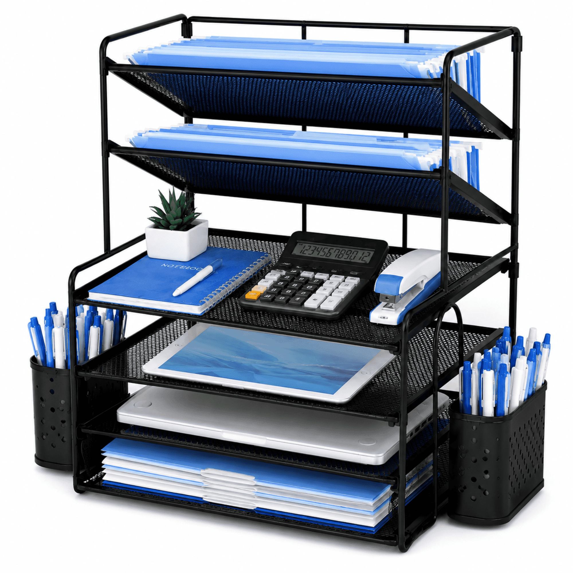 MEHOOM 7 Tier Desk File Organizer, Letter Tray Paper Organizer with Pen Holder and Metal Hanging Basket, Black