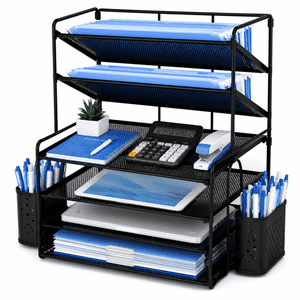 MEHOOM 7 Organisateur de fichiers Tier Desk, organisateur de papier de plateau de lettre avec support de stylo et panier de suspension en métal, noir