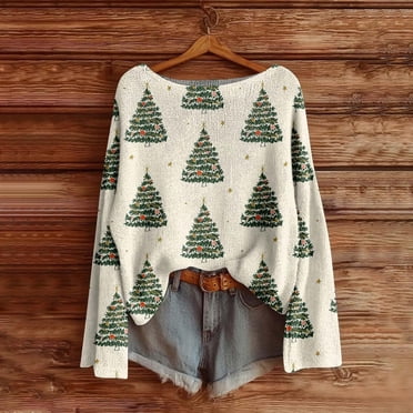 Horkkom Christmas Sweaters for Women Winter Bohemian Printed Long Sleeve Round Neck Oversized Sweater Pullover M