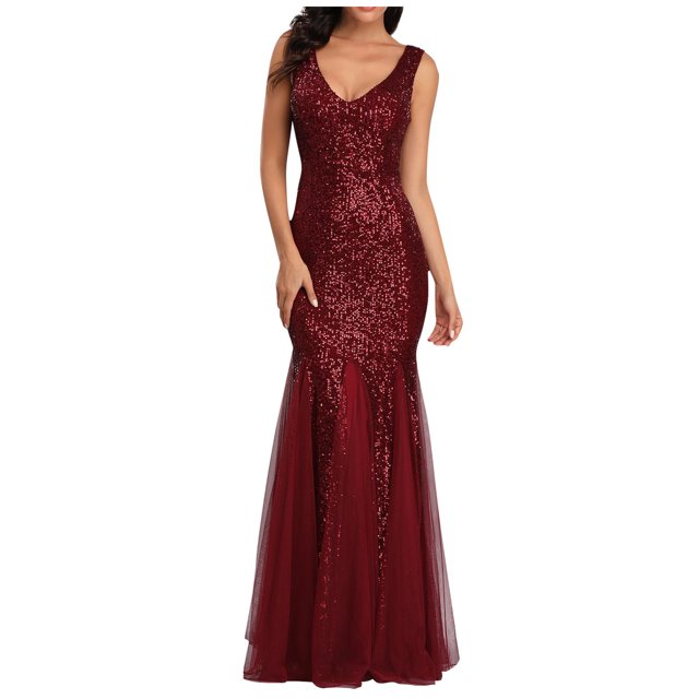 Pompotops Robe Sirène Ajustée à Paillettes pour Femme Robe de Soirée Robe