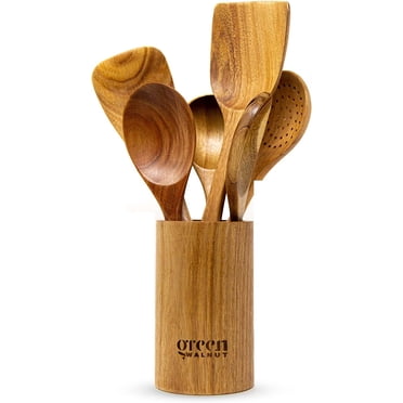 Greenwalnut Ensemble d'Ustensiles de Cuisine Ustensiles de Cuisine 7 Pcs Cuillères en Bois Spatule pour la Cuisson Poêle Antiadhésive Outil de Cuisine Acacia Ustensiles Faits à la Main avec Support