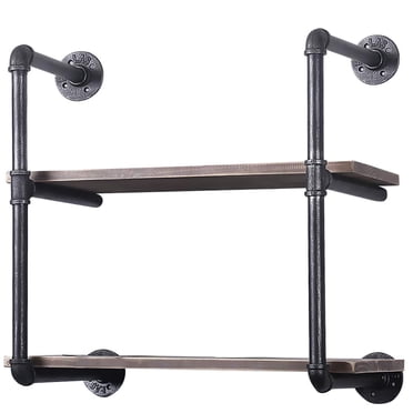 tredstone Wall-mounted Vintage Black Book Shelf Industrial Pipe Shelving Hanging Bookshelf Metal Bracket, 2-Tier with Board