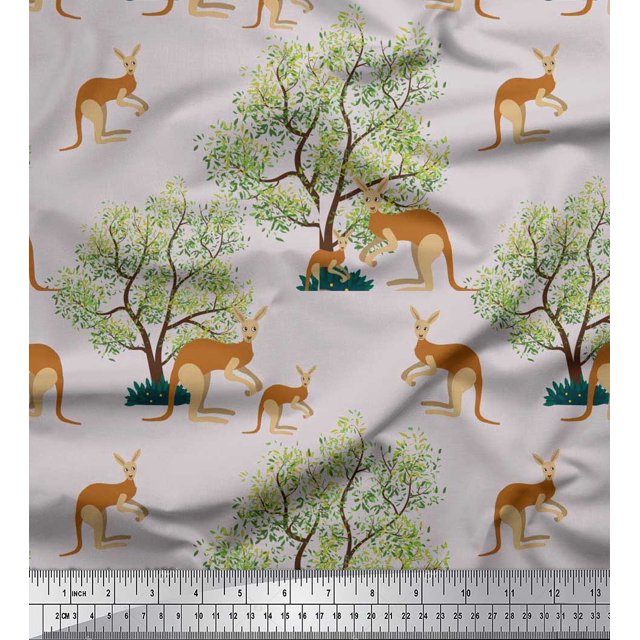 Soimoi Viscose Chiffon Fabric Tree & Kangaroo Animal Print Fabric by The Yard 42 Inch Wide
