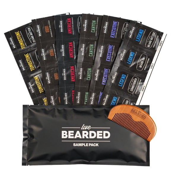 Live Bearded All-Natural Men's Beard Grooming Kit Sample Pack - Discover Your Signature Scent with 6 Different Fragrances Includes Oil Beard Butter Wash Conditioner Wooden Comb & Bonus Gift