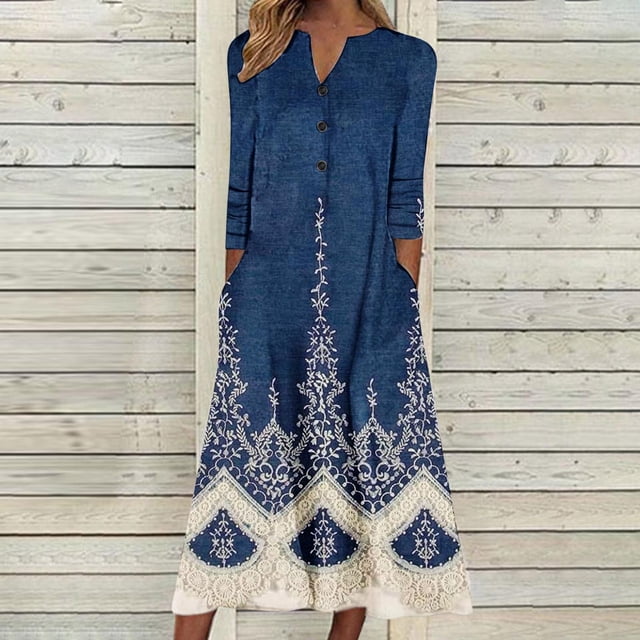 Babysbule Liquidation Robes d'Automne pour Femmes Mode Femmes Décontracté Élégant Col Rond Imprimé Été Manches Longues Poches Robe