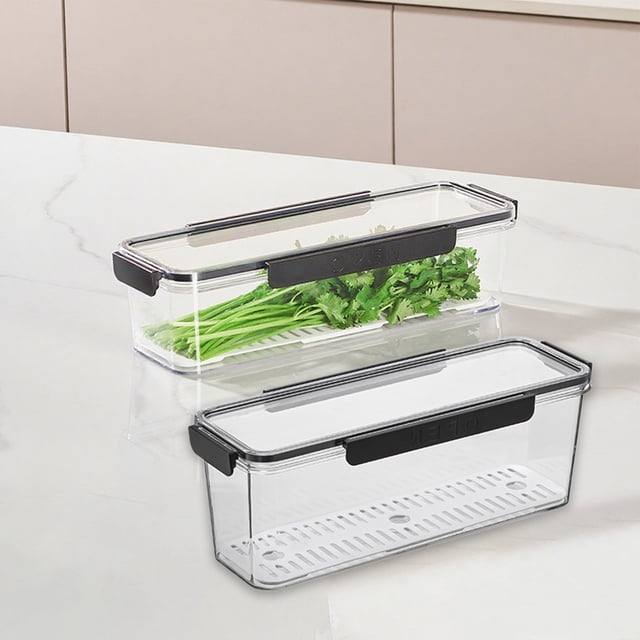 Cagogo 2Pcs Refrigerator Organizer, Long Strip Food Storage Container With Drainage Shelf, Clear Plastic Kitchen Organizer for Fruits Vegetables, Refrigerator Storage Box for Meal Prep Leftovers