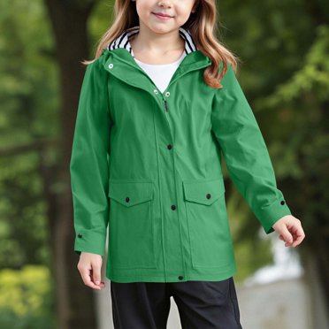 XIMIN Kid Girls Solid Color Rain Jacket Waterproof Windbreaker Preppy Hooded Lightweight Full Zip Button Down Raincoat Ski Coat Hiking Rain Outwear