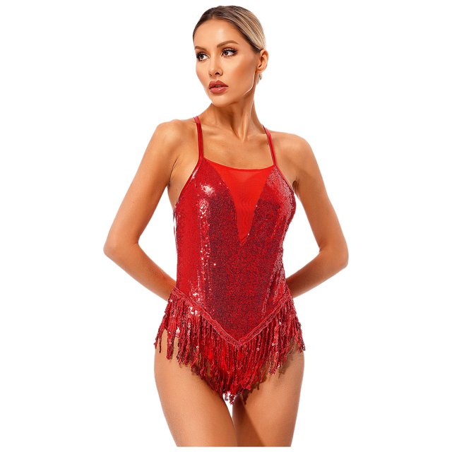 Aislor Justaucorps de Danse Latine à Franges à Sequins pour Femmes, Justaucorps, Robe de Performance Tango Salsa Rouge m
