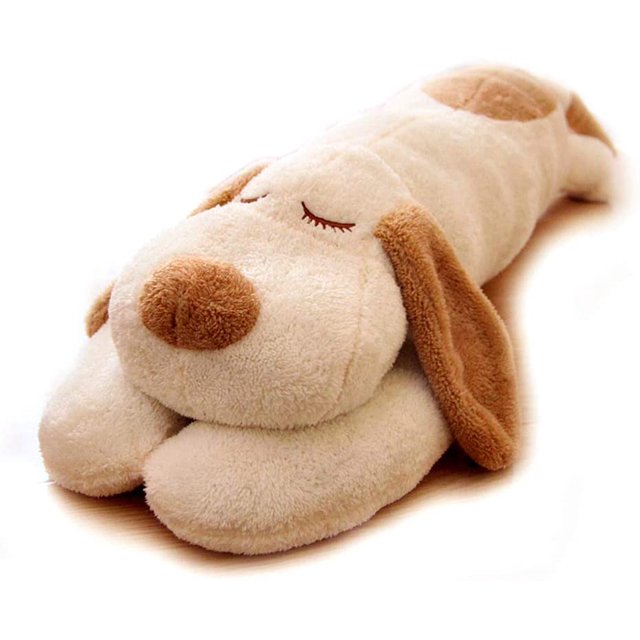 Giant plush toy for puppies, a large stuffed animal designed as a sleeping dog body pillow. It features soft beige fur with brown accents on the ears and nose, embroidered closed eyes, and a cuddly, elongated body. Made from high-elastic PP cotton, it is soft, fluffy, and suitable for hugs or use as a pillow. Perfect for beds, sofas, chairs, or as a thoughtful gift for children, girlfriends, or anyone seeking a warm companion. Often referred to as a stuffed puppy toy, it provides comfort and decorative appeal.