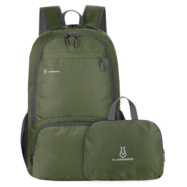 Lightweight Foldable Backpack Men Women Waterproof Packable Backpack Travel Hiking Daypack in army green color. Made of ripstop nylon fabric, it is water-resistant and features a spacious main compartment with a laptop pocket, three zippered front pockets, and two mesh side pockets for water bottles or umbrellas. Adjustable, breathable mesh shoulder straps provide comfort. The backpack folds into a compact size for easy storage, ideal for travel, hiking, camping, and cycling.