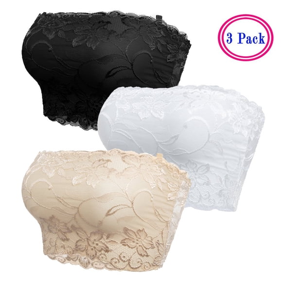 CNKOO 3 Pcs Womenâs Floral Lace Stretchy Strapless Bandeau Tube Top White & Black & Beige