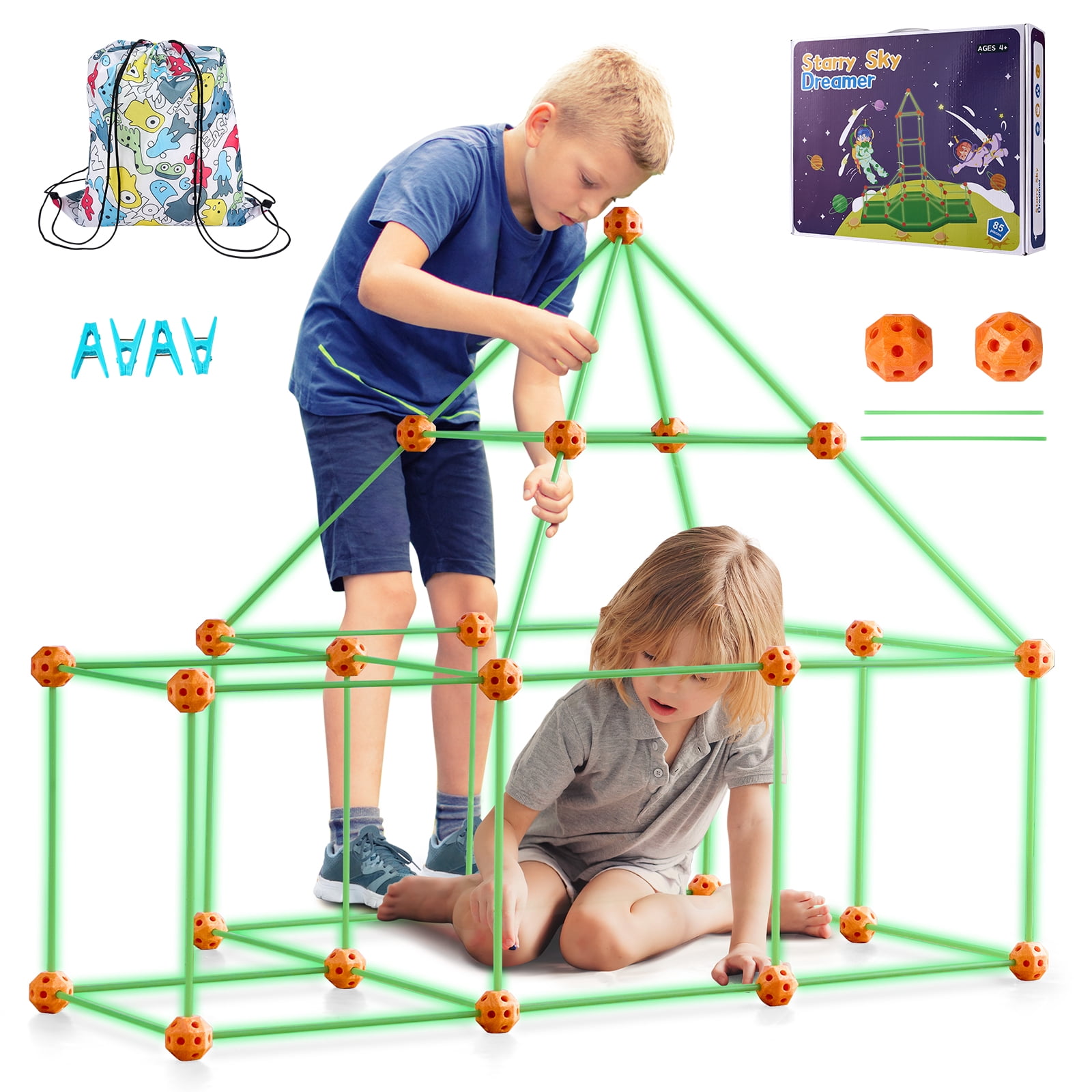 KFFKFF Children's Construction Set, 85-Piece Luminescent STEM Playset, Enlightening Present for Kids Aged 4, 5, 6, 7, 8 and Above, Indoor and Outdoor Tent Building Game with 55 Sticks and 30 Spheres