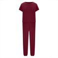 thumbnail image 4 of Tenues pour Femmes Été Ensembles 2 Pcs pour Femmes Ensemble de Vêtements Femme Col Rond Manches Courtes Hauts Pantalons Ensembles Style Pantalon Décontracté S_448 Survêtements pour Femmes Bourgogne m, 4 of 6