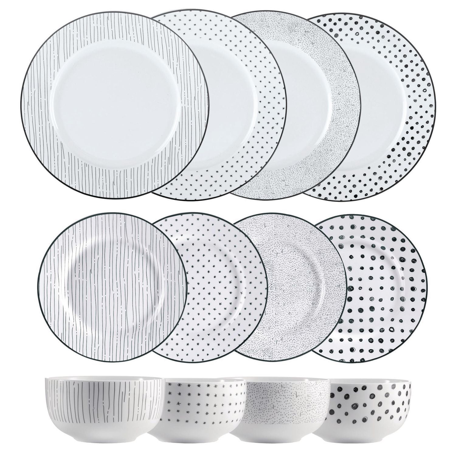Safdie & Co. Ensemble De Vaiselle 12PC Noir & Blanc Esquisser